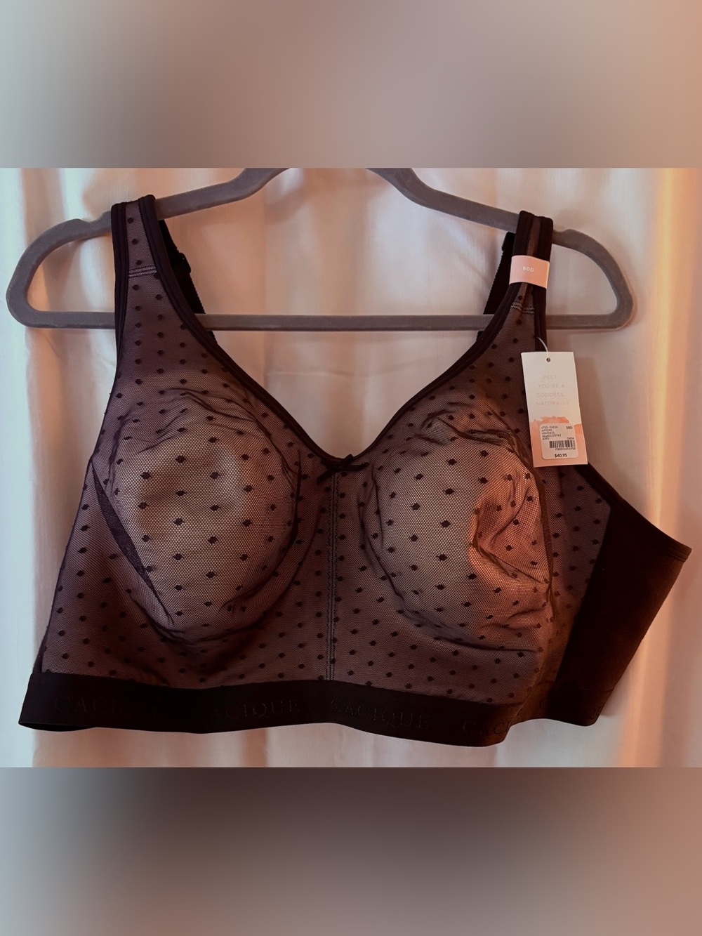 NWT Women’s Cacique Black, Sheer Polka-Dot Mesh Wireless Bra; Size 50D